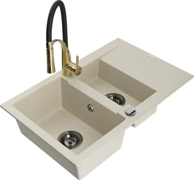 Produktbild von Mexen Gaspar 1,5-Becken-Granitspüle mit Abtropffläche und Mischbatterie Aster, Beige - 6507-69-73450-57-B