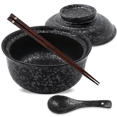 Ramen-Schüssel 800 ml, Keramik, mit Deckel, Essstäbchen & Löffel, schwarz