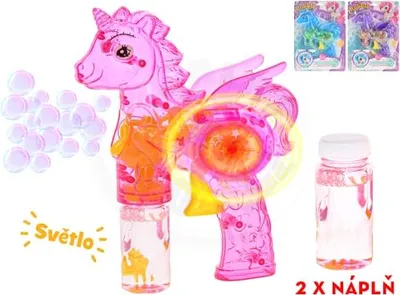 Produktbild von Seifenblasenpistole Einhorn 26cm auf Schwungrad mit Licht 2 Minen