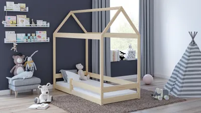 Produktbild von Hüttenbett für Kinder, Bodenbett Domek Miś, 80 x 180 cm, Höhe 175 cm, Meble Wróbel, Naturbelassen