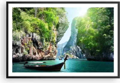 Produktbild von Gerahmtes Poster - Schwarzer Rahmen - Boot Klippen Natur Felsen - 91,5x61 cm - Wand Bild - Wanddeko - Wandbilder - Wandposter - Bilderrahmen - Bilder - Kunstdruck - Wandbild - P2BAA91x61-2787