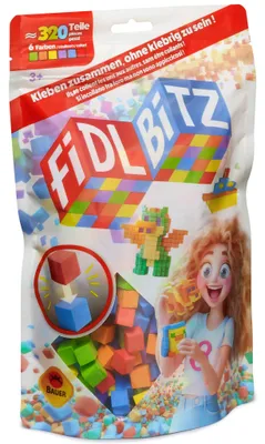 Verpackung der FIDL BITZ selbstklebenden Bauwürfel mit 320 bunten Bausteinen.