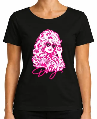 Immagine prodotto di Maglietta da donna, stile retrò, con immagini di Dolly Parton, cantante di musica country, cowgirl, western, nei colori rosa e nero, taglia L