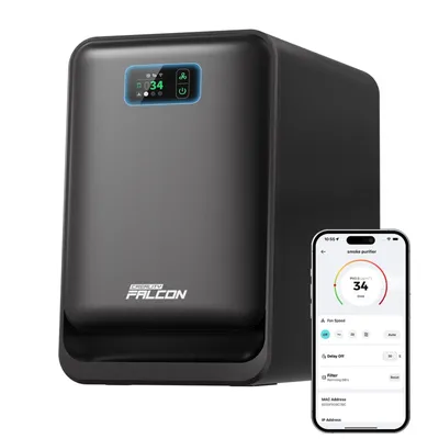 A black air purifier is shown next to a smartphone displaying its control app.