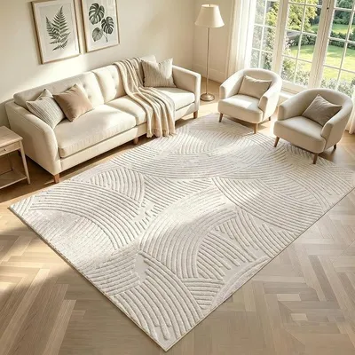 Imagen del producto de Alfombra lavable de 140x200 cm para dormitorio, color beige, suave y esponjosa, con base antideslizante. Diseño de pelo corto, ideal para salones, comedores y oficinas