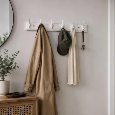 Produktbild von Garderobenleiste Bambus – Wandgarderobe mit Metallhaken – Weiß, 6 Haken Weiß 74 cm