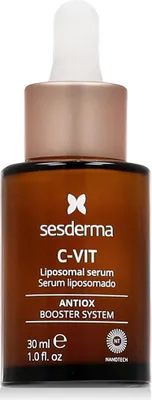 A product shot of a brown glass bottle with a dropper, containing serum.