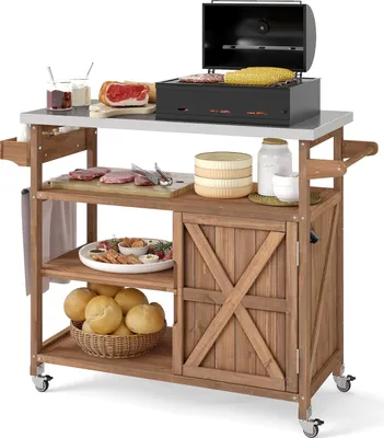 Zdjęcie produktu dla KOMFOTTEU Drewniany wózek grillowy, wózek do serwowania z 3 otwartymi półkami i 1 szafką z drzwiami, wózek kuchenny z uchwytem na przyprawy, wózek ogrodowy z blatem ze stali nierdzewnej, 118 x 47 x 92 cm