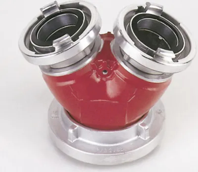 A red and silver fire hose splitter on a white background.