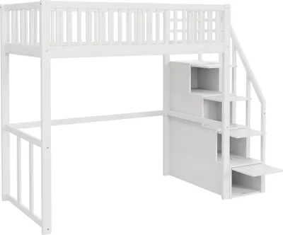 Produktbild von Hochbett 90x200cm Kinderbett（Ohne Matratze）Jugendbett Massivholzbett Mit Sicherheitsgeländer und Aufbewahrungsleiter Kiefernholz Weiß