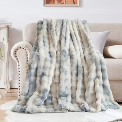 Obrázek produktu pro （160 * 100 cm, gradientní modrá šedá）Double Sided Blanket Rabbit Fur Plush Fluffy Blanket, přikrývka Thick Flannel Multifunctional Sofa Blanket Soft Warm Vhodné pro postele a pohovky