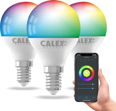 Produktbild von Calex Smart LED Lampe, E14, P45, RGB-Farben & kalt- bis warmweiß Licht, dimmbar, WLAN App- & Sprachsteuerung, 3er Pack