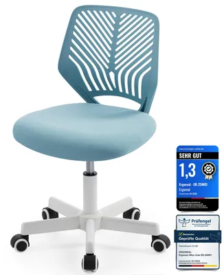 Productafbeelding van Ergonomische bureaustoel zonder armleuningen, in hoogte verstelbaar, met wielen, comfortabele rugleuning, geschikt voor thuiswerken/werk-/studeerkamer. - Blauw
