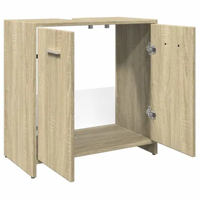 A wooden cabinet with two doors, one open.