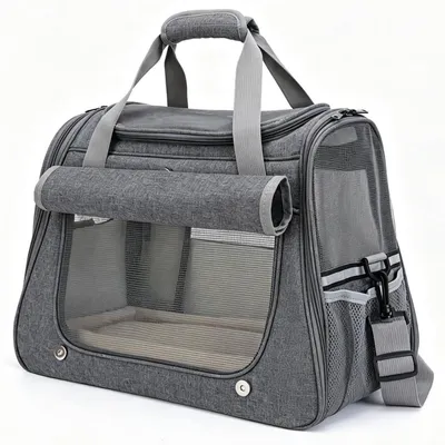 Image de Sac de transport pliable pour chats, respirant, avec bandoulière, jusqu'à 9 kg, couleur grise, dimensions : 45 x 23 x 35 cm