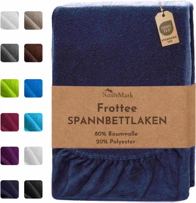 A folded navy blue fitted sheet is displayed with a swatch of other available colors to the left. A brown paper band wraps around the middle of the sheet with product information printed on it.