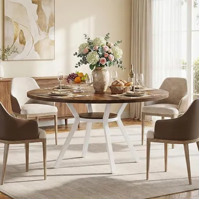 Productafbeelding van Eettafel, rond, 120 cm, keukentafel met opbergruimte, houten eettafel, eettafel voor 4-6 personen, moderne eettafel, 120 x 120 x 18 cm, wit/bruin