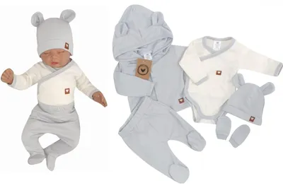 Imagen del producto de Conjunto para bebé (recién nacido) 5D: body, pantalones, pataletas, chaquetilla, gorrito, manoplas, todo en color gris