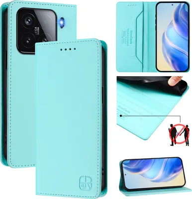 Collage of product images showing a turquoise flip wallet case for a Xiaomi 15 phone, with close-ups of features and a person's hand demonstrating its use.