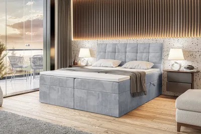 Produktbild von MEBLINI Boxspringbett mit Bettkasten - Gepolstert Doppelbett mit Matratze und Topper - Polsterbett mit Stauraum - Bett mit Kopfteil - Stauraumbett - DRAGO - 180x200 - H3/Hellgrau Samt