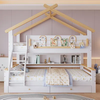 Immagine prodotto di Letto a castello Sweiko, letto per bambini, due cassetti con rotelle, raffinato parapetto decorativo e design del tetto, scala inclinata a quattro piani, pino + MDF, bianco+naturale, 90x200cm&120x200cm