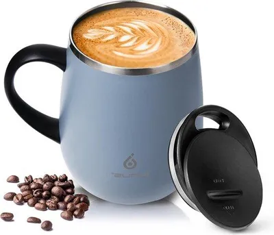 Imagen del producto de Vasos térmicos para café de 470 ml - Vasos de acero inoxidable para café y té con asa antideslizante, tapa deslizante, gran capacidad, color gris