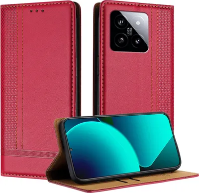 Produktbild von Handyhülle für Xiaomi 14 Leder Flip Klappbare Schutzhülle mit Standfunktion Rot