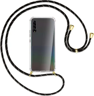 Produktbild von Handykette Backcover-Schutzhülle mit Band (Metall goldfarben) für Samsung Galaxy A90 5G - schwarz/gold