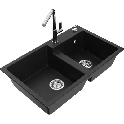 Obrázek produktu pro Mexen Tomas 2-miskový granitový dřez s kuchyňskou baterií Flora, Černá - 6516-77-670401-00