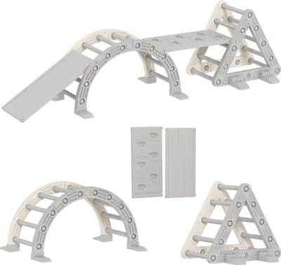 Produktbild von 5-in-1 Indoor-Klettergerüst mit Rutsche & Kletterbogen, Doppelrampe für Kinder 18-48 Monate, Grau/Weiß – Kompletter Indoor-Spielplatz