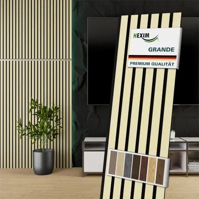 Produktbild von HEXIM Akustikpaneele 140x30cm Holz Grande - Wandpaneele Platten Lamellen Holzpaneele Echtholzfurnier 21mm Filz Schalldämmung MDF Elfenbein (0,42m² Light Ash)