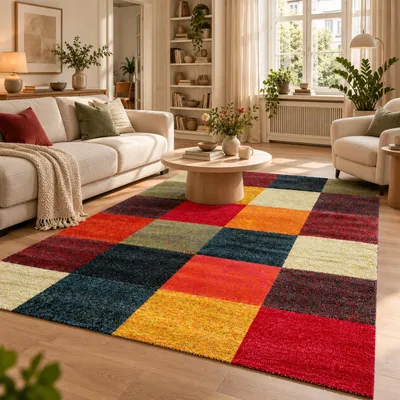 Produktbild von Designer Teppich Maui Modern Rot Bunt Karo, Größe:120x170 cm, KI-generiertes Bild
