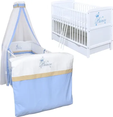 Produktbild von Baby-Delux Babybett Kinderbett Gitterbett Natalie Prince 140×70 inkl. Beißschienen Schublade mit 10-tlg Bettwäsche Set Prince