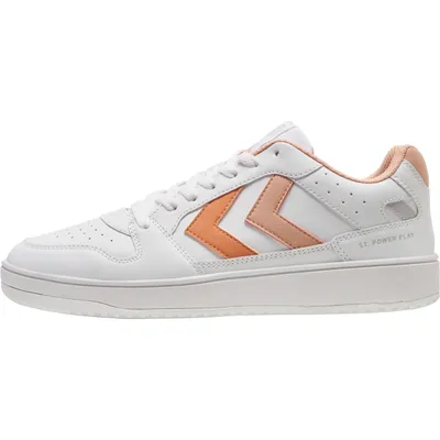 A side view of a white sneaker with peach and light pink accents.