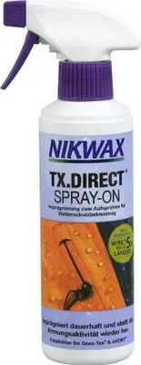 A bottle of Nikwax TX.Direct Spray-On waterproofing treatment.