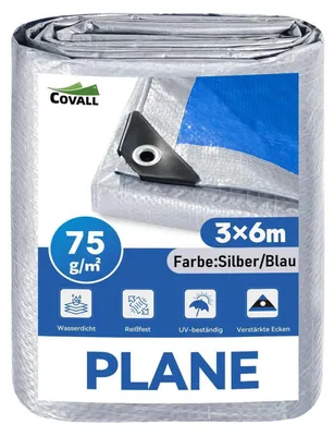 Image de Bâche étanche de 3 x 6 mètres, 75 g/m², en polyéthylène (PE), argentée/bleue, résistante aux UV et aux déchirures, avec œillets