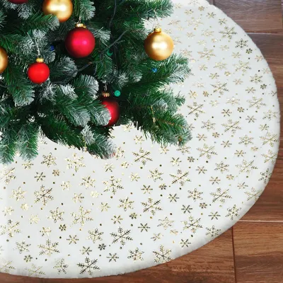 Weihnachtsbaumrock 90 cm, weißer Plüsch, goldene Schneeflocken