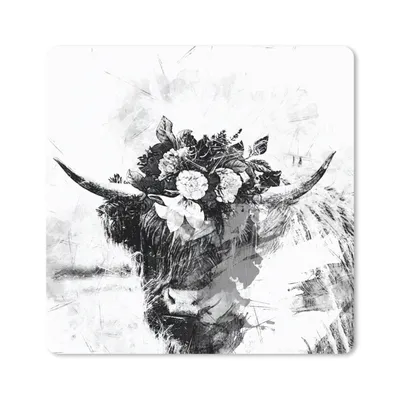Produktbild von MuchoWow® Mauspad Mousepad Schottischer Highlander - Blume - Schwarz - Weiß 20x20 cm - Mousepads - Maus Mat - Pad - Mausunterlage - Desk Mat - Bureauartikeln