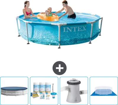 Produktbild von Intex-Schwimmbecken mit rundem Rahmen – 305 x 76 cm – Wasserdruck – im Lieferumfang enthalten Abdeckung - Wartungspaket - Filterpumpe für Schwimmbad - Bodenplane