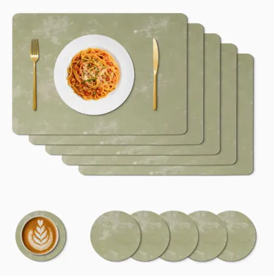 Produktbild von 6er Set Tischsets mit Untersetzer, Grün Platzsets Abwaschbar, Doppelseitige Platzdeckchen Ideal für Küche und Büro