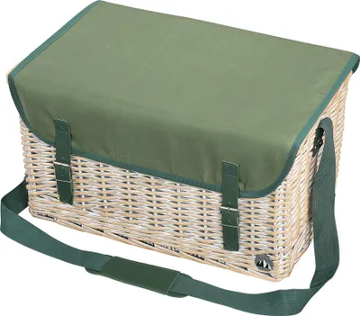 Immagine prodotto di Cesto da picnic "Ponza" di cilio, per 4 persone, realizzato in vimini intrecciato, con coperchio in bambù utilizzabile come tavolino. Include set di piatti, posate, bicchieri e coperta da picnic. Dotato di tracolla. Colore: bianco vintage
