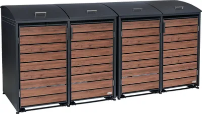 A row of four dark gray and wood-grain finished trash bin enclosures.