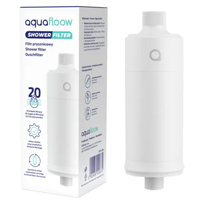Image de Filtre de douche AquaFloow blanc – Filtration en 20 étapes, réduction du calcaire et du chlore, universel 1/2″ – 1 pièce