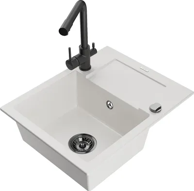 Produktbild von Mexen Enzo 1 Becken-Granitspüle mit Abtropffläche und Mischbatterie Duero, Weiß - 6506-20-671600-70