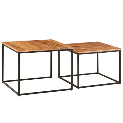 Produktbild von WOHNLING Wohnzimmertisch 2er Set Akazie Massivholz / Metall Beistelltisch Eckig Couchtisch mit Metallbeine Sofatisch Tischset 2-teilig Satztisch