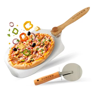 Produktbild von BonFeu Pizzaset - Pizzaschieber mit mit abnehmbarem Holzgriff & Pizzaschneider - Pizza Zubehör von Edelstahl - BonFeu Pizza Starterkit