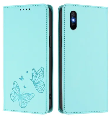 Obrázek produktu pro Kožené pouzdro pro Xiaomi Redmi 9A, motýlí ražbou, peněženkové flip pouzdro se stojánkem Mátově zelená