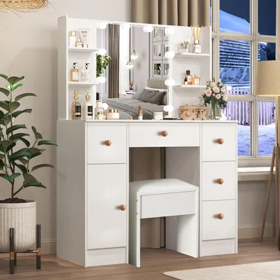 Immagine prodotto di Specchio da trucco con tavolino - Larghezza 40 cm - Legno - Illuminazione LED - Bianco