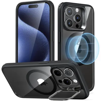 Image de Coque de protection pour iPhone 15 Pro, compatible MagSafe, protection conforme aux normes militaires, support intégré, couleur noire transparente