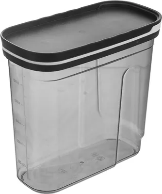 A transparent plastic food storage container with a black lid.